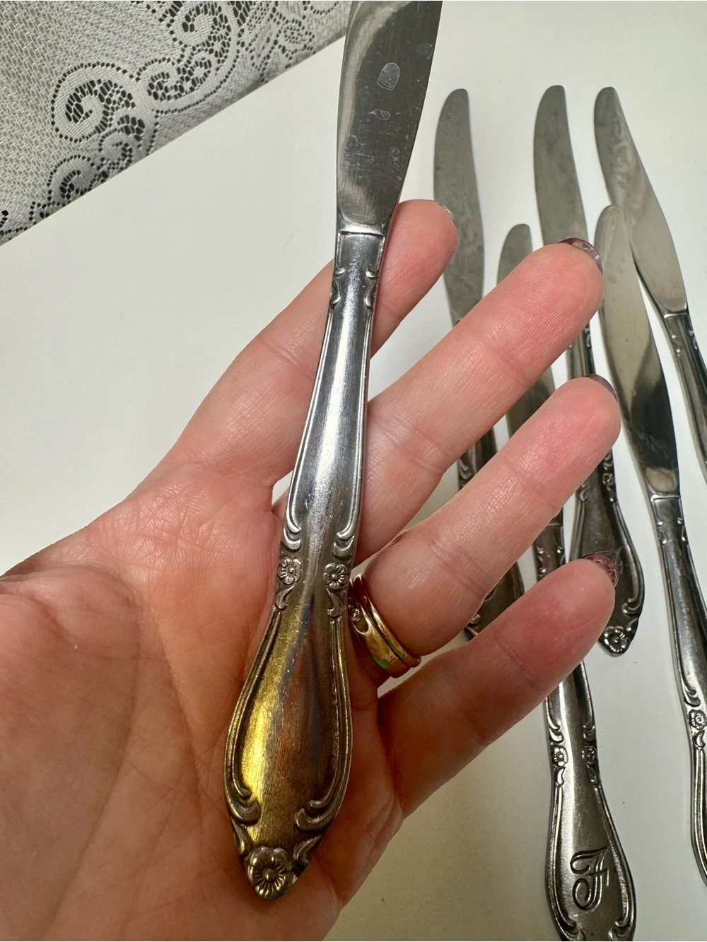 Vintage Customcraft Stainless Flatware Knives, Lot of 7 with Monogram “F”